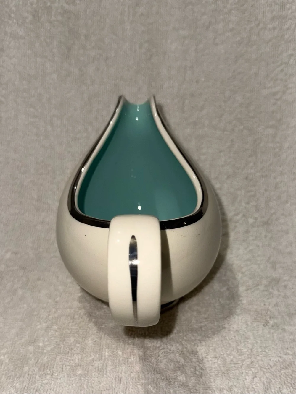 Taylor Smith White Ceramic Creamer Pitcher Gravy Boat Teal Inside Silver Vintage